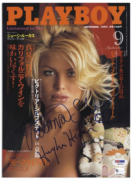 Hugh Hefner Signed ''Playboy'' Magazine -- Also Signed by Playmate of the Year Victoria Silvstedt -- With PSA/DNA COA